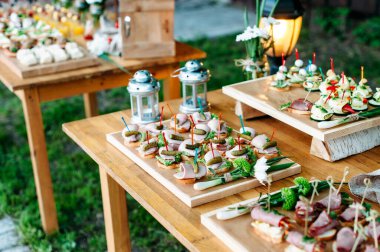 Delicious catering banquet buffet table decorated in rustic style in the garden. Different snacks, sandwiches. Outdoor.