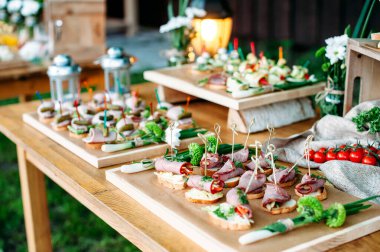 Beautiful catering banquet buffet table decorated in rustic style in the garden. Different snacks, sandwiches. Outdoor.