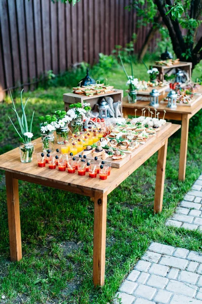 Beautiful Catering Banquet Buffet Table Decorated Rustic Style Garden Different — Stock fotografie