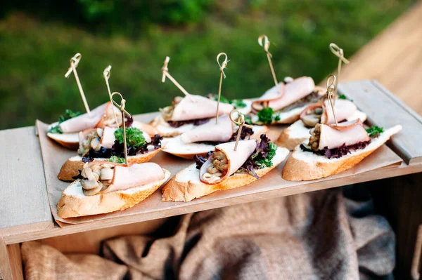 Delicious Catering Banquet Buffet Table Decorated Rustic Style Garden Different —  Fotos de Stock