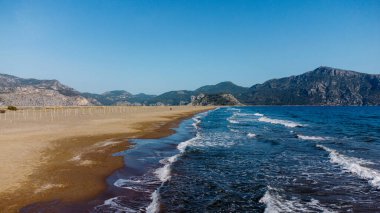 Aeriel scenic drone view  to Iztuzu beach and the Dalyan river Delta or lake Sulungur. Explore natural wonders of Turkey. Travel destination