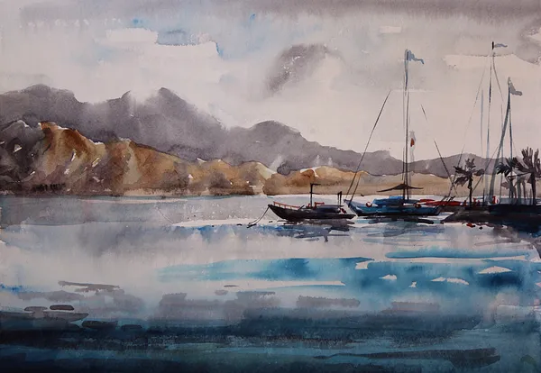 Paysage aquarelle avec la mer et les petits bateaux — Photo