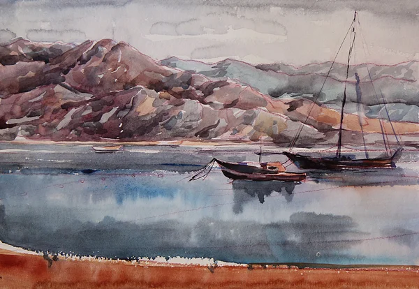 Paysage aquarelle avec la mer et les petits bateaux — Photo