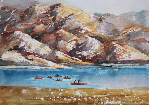 Paysage aquarelle avec la mer et les petits bateaux — Photo