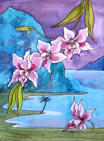 Orquídeas cor-de-rosa aquarela em um fundo de mar e montanhas — Fotografia de Stock