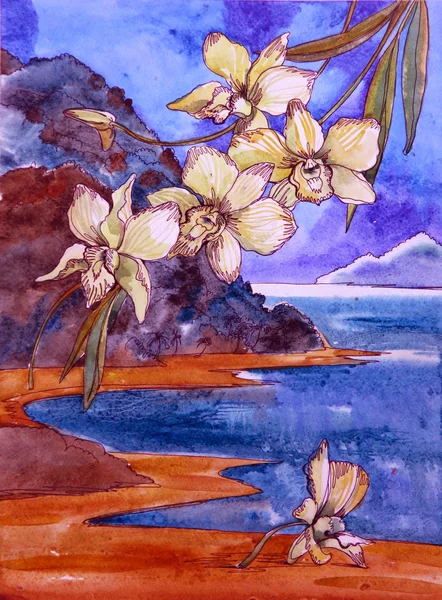 Акварельные желтые орхидеи на фоне моря и гор — стоковое фото