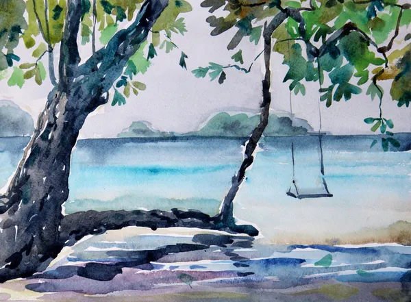 Akvarel krajina. pohled od pobřeží moře. — Stock fotografie