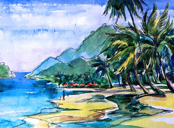 Akvarell marinmålning. Visa från stranden vid havet. — Stockfoto