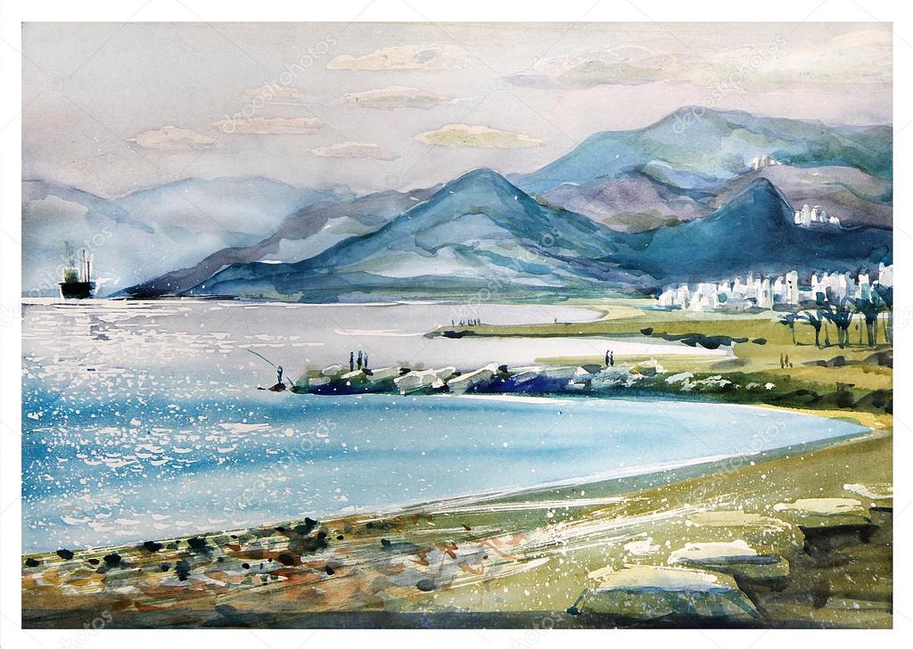 Watercolor landscape with the sea