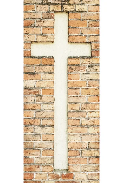 Kříž na stěně zvětralých červených cihel — Stock fotografie