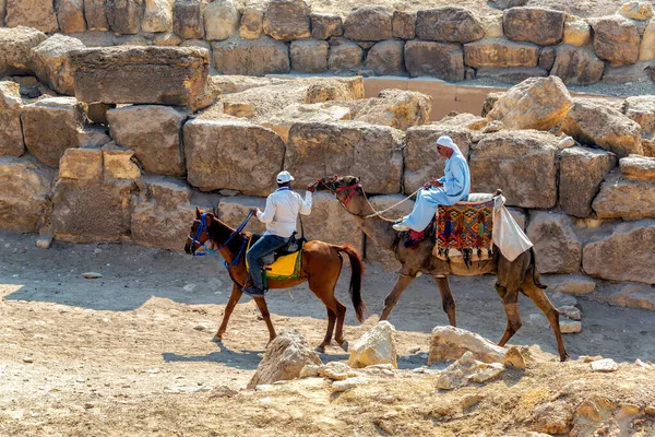 Giza Egito Julho 2021 Homem Camelo Homem Cavalo Perto Grande — Fotografia de Stock
