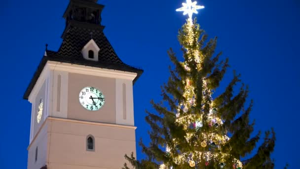 Veduta Albero Natale Dello Storico Municipio Brasov Romania — Video Stock