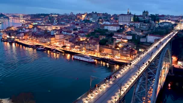 Hermosa Vista Oporto Portugal Puente Luis Tomada Por Noche — Vídeos de Stock