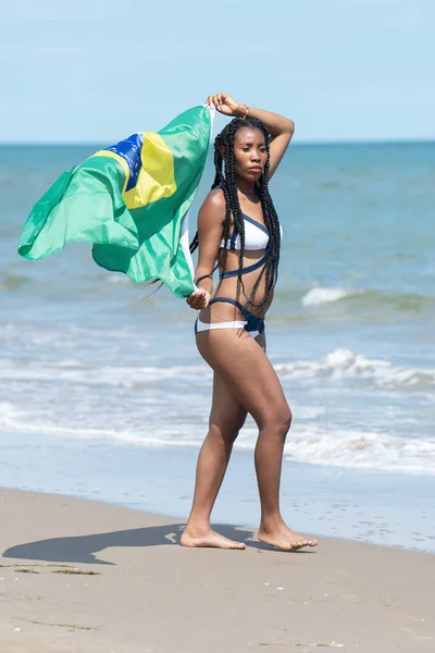 Mujer sosteniendo y ondeando una bandera brasileña en la playa. — Foto de Stock
