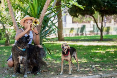 Etrafı köpeklerle çevrili Latin bir adam trompet çalıyor.
