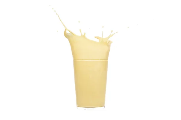 Frestande Glas Stänk Bananjuice Ljus Bakgrund Selektivt Fokus Och Närbild — Stockfoto