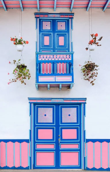 Beautiful Facades Houses Salento City Colombia Colorful Door Traditional Houses — Foto de Stock