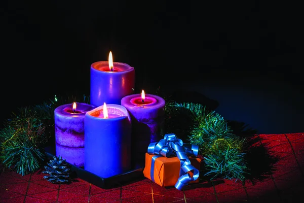 Beautiful View Christmas Burning Candles Decoration Objects Isolation Black Background — Stock Photo, Image