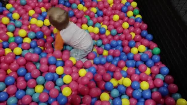 Criança Brincando Piscina Com Bolas Plástico Parque Infantil Interior Centro — Vídeo de Stock