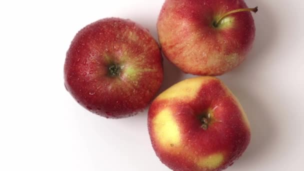 三颗湿红苹果在白色背景下旋转的近景 — 图库视频影像