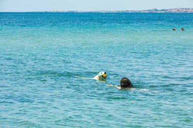 Kadınların ve köpeğinin denizde yüzen toplarının güzel manzarası. Yunanistan. Avrupa