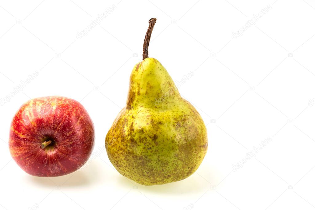 Close up view of red apple and pear isolated on white background. 