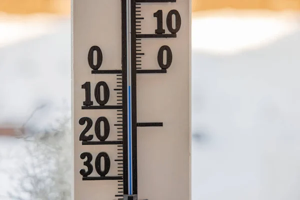 Close View Outdoor Thermometer White Wooden Pillar Winter Day Sweden — стокове фото