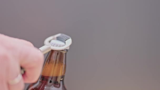 Slow Motion Close Man Opens Bottle Beer Isolated Background — 图库视频影像