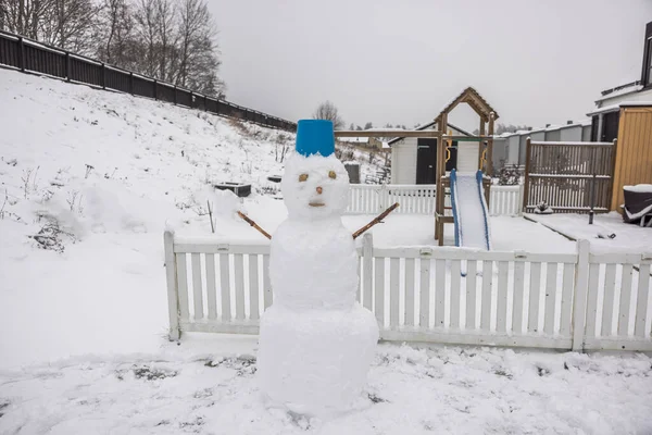 Close View Funny Snowman Made Children Winter Garden Beautiful Winter — Zdjęcie stockowe