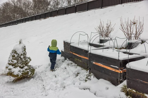 Beautiful View Child Playing Snowy Garden Cold Winter Day Sweden — Zdjęcie stockowe