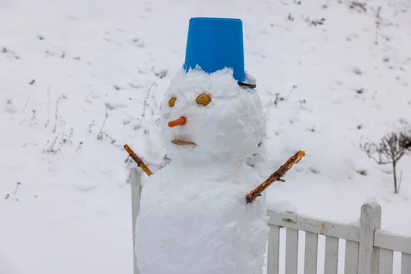 Close View Funny Snowman Made Children Winter Garden Beautiful Winter — стоковое фото