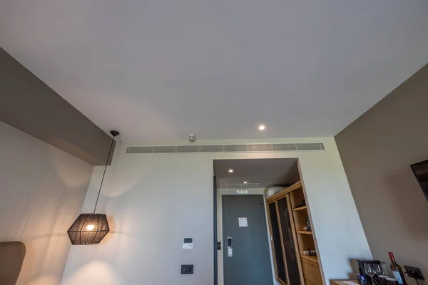 Beautiful View Hotel Room Interior Air Conditioning Front Door Minibar — стоковое фото
