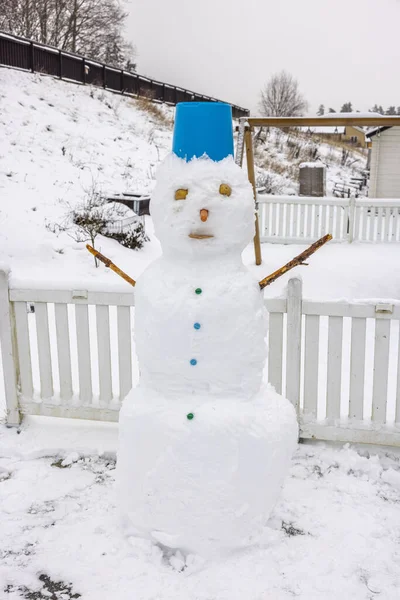Close Funny Snowman Winter Garden Sweden — Stock Fotó