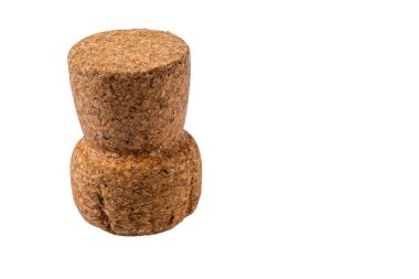 Close up view of cork from champagne bottle isolated on white background.