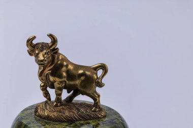 Arka planda izole edilmiş boğa sürüsünün bronz figürünün yakın görüntüsü.