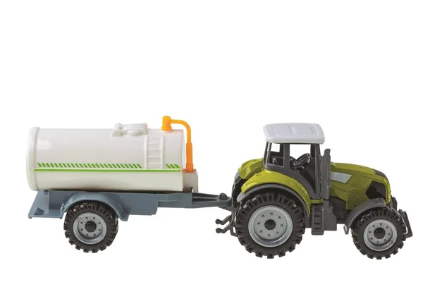 Närbild Visa Leksak Traktor Med Vatten Vätska Släpvagn Isolerad Vit — Stockfoto