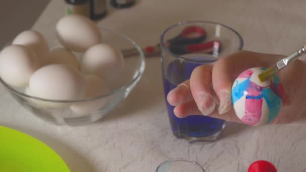 Close View Boy Learning Paint Easter Eggs Special Utensils Holiday — Stock Video