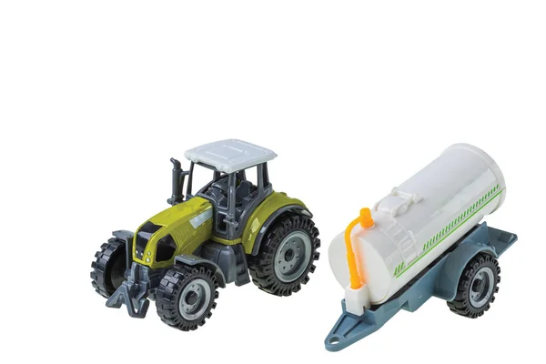 Närbild Bild Leksak Traktor Och Vatten Släpvagn Isolerad Vit Bakgrund — Stockfoto