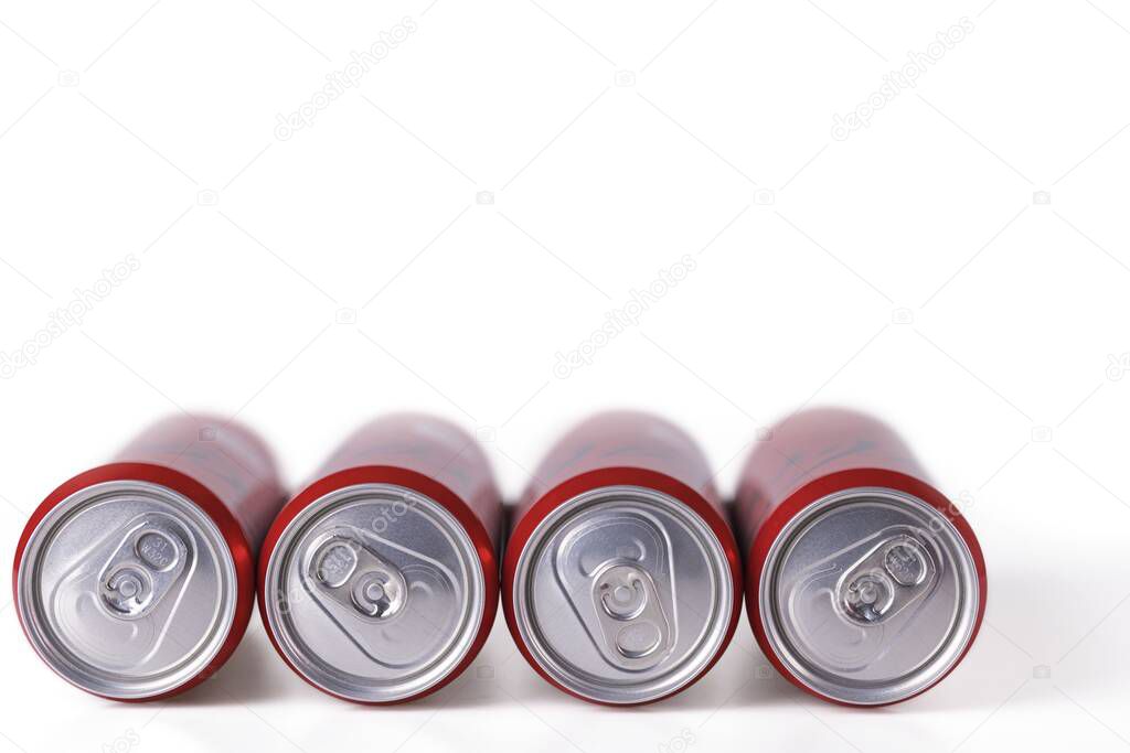 Close up view of cans of soda isolated on white background. Sweden.