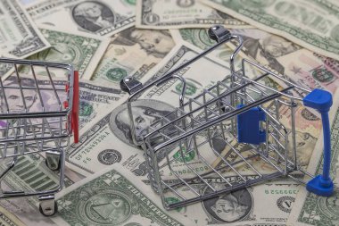 Dolar banknotlarının üzerinde duran iki oyuncak alışveriş arabasının yakın görüntüsü. İsveç. 