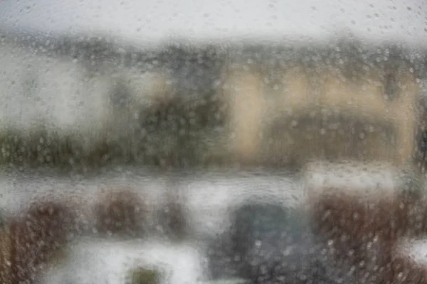 Închideți Vizualizarea Macro Blur Picăturilor Ploaie Din Focalizare Panoul Ferestrei — Fotografie, imagine de stoc