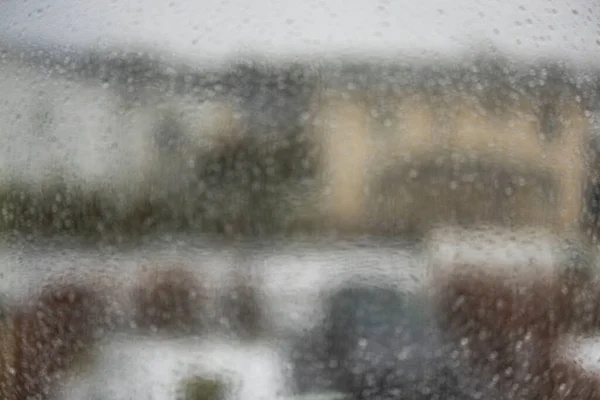 Fechar Vista Macro Borrão Gotas Chuva Fora Foco Painel Janela — Fotografia de Stock