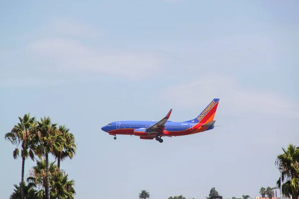 西南航空的彩色飞机着陆时在棕榈顶上的近景 2021 — 图库照片