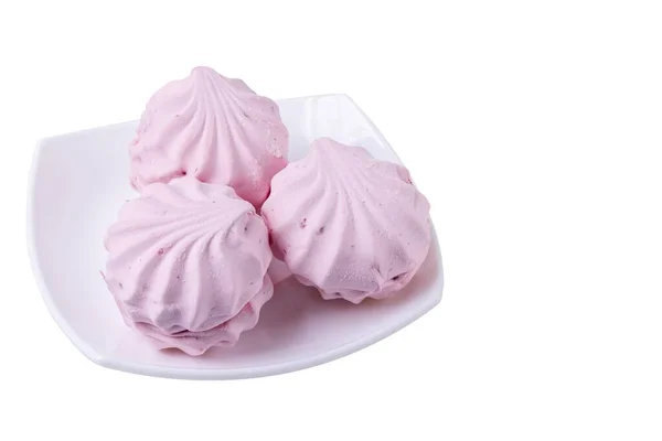 Nahaufnahme Eines Rosa Marshmallow Auf Untertasse Isoliert Auf Weißem Hintergrund — Stockfoto