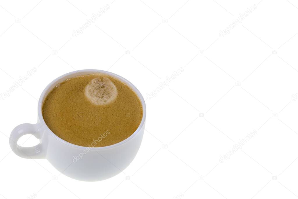 Close up view of cup of coffee on saucer isolated on white background. Food and drink concept.