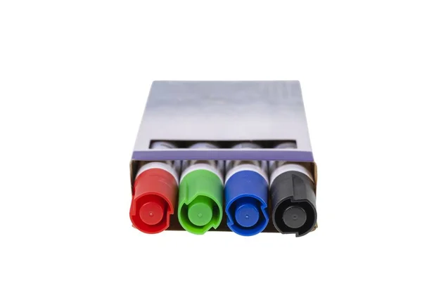 Vista Cerca Del Paquete Marcadores Multicolores Aislados Sobre Fondo Blanco —  Fotos de Stock