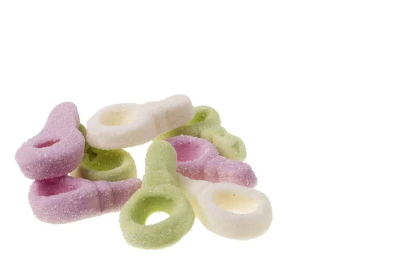 Detailní Pohled Pestrobarevnou Marmeládu Izolovanou Bílém Pozadí Koncept Nezdravých Potravin — Stock fotografie