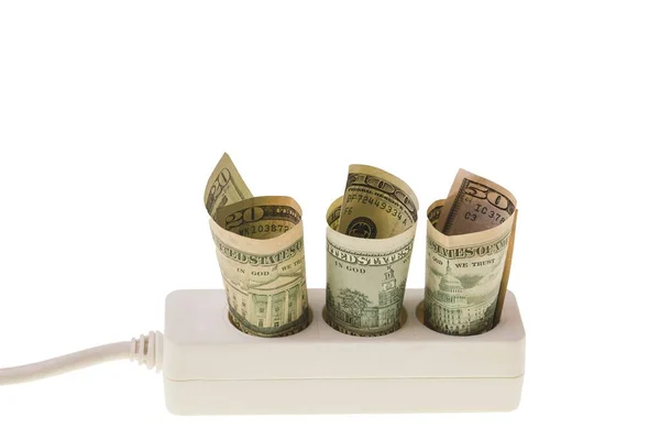 Close View Electrical Extension Cord Stopped Banknotes Illustrating Electricity Price — Stock Photo, Image