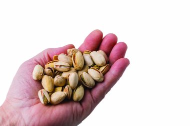 Beyaz arka planda izole edilmiş bir avuç şam fıstığını tutan kişinin yakın görüntüsü. İsveç.