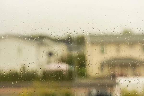 Close Zicht Regendruppels Ruit Met Uitzicht Vanuit Een Appartement Zweden — Stockfoto